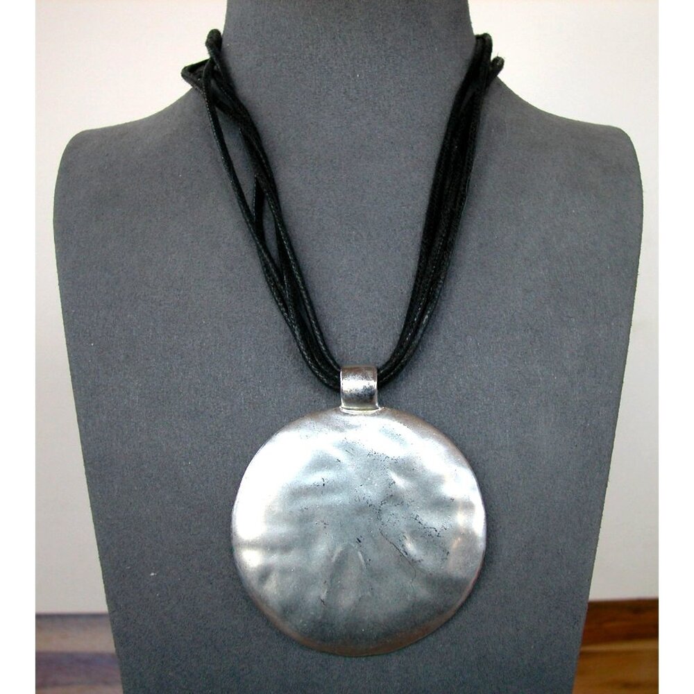 Hammered Silver Pendant Necklace With Black Cord By Karma Bella